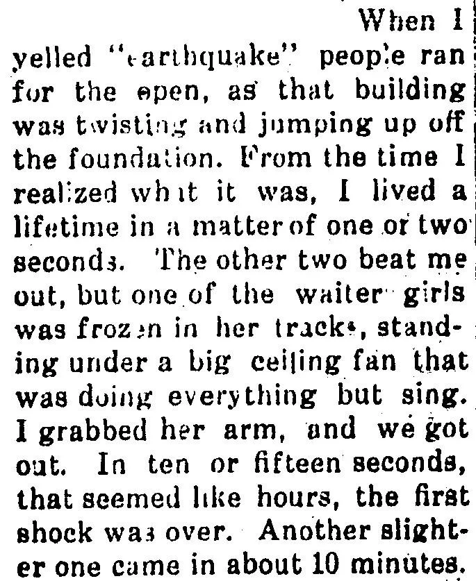 Newspaper clipping from the Clearfield Enterprise featuring sailor Mahlon McKelvey describing the building twisting off its foundation, yelling earthquake to alert others, rescuing a waitress frozen beneath a ceiling fan, and the first shock ending after ten to fifteen seconds.