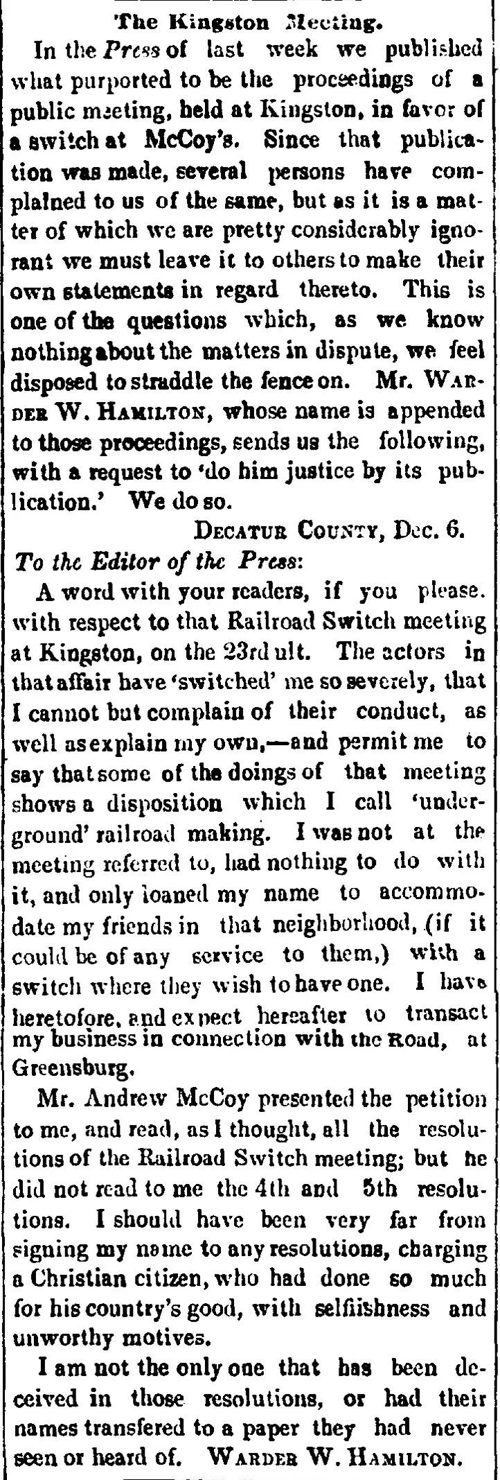 Letter to the editor from Warder W. Hamilton published in the Greensburg Decatur Press, December 1853, defending his name in connection with a railroad switch petition in Kingston, Decatur County, Indiana.