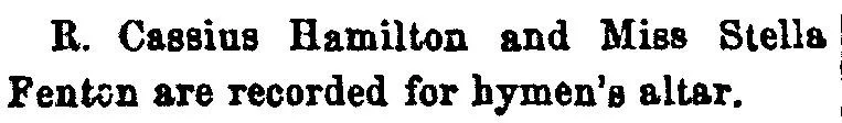Brief social notice from the Greensburg Standard, October 1879, announcing that R. Cassius Hamilton and Miss Stella Fenton are recorded for marriage.