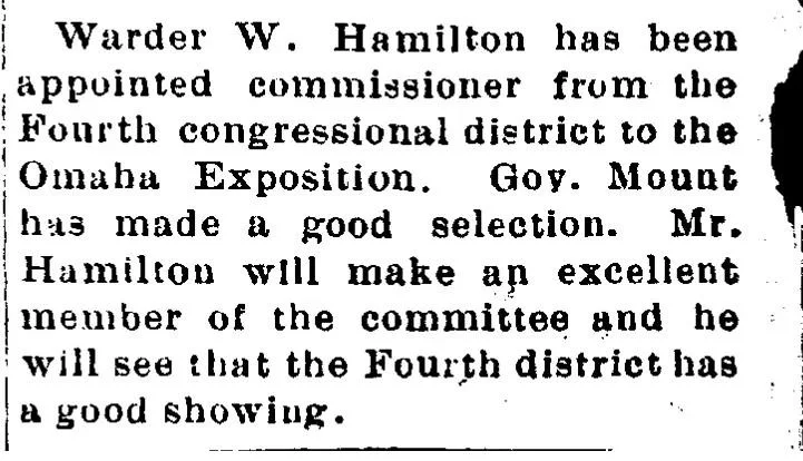 Brief news item from the Greensburg New Era, April 1898, reporting that Warder W. Hamilton has been appointed commissioner to the Omaha Exposition by Governor Mount, representing Indiana's Fourth Congressional District.