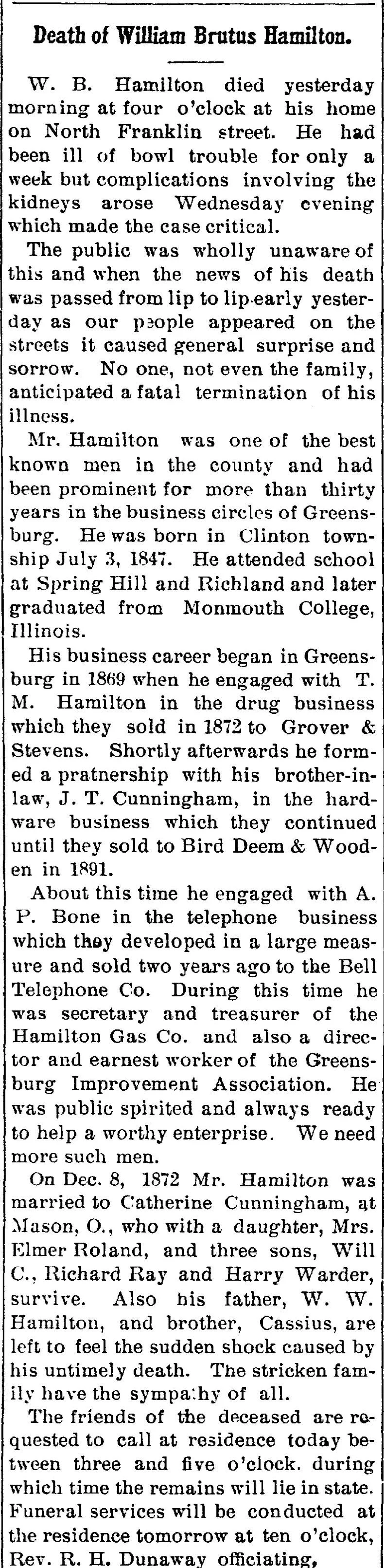 Obituary for William Brutus Hamilton from the Greensburg Standard, September 1903, detailing his business career in Greensburg, his birth in Clinton Township, his education at Monmouth College, his marriage to Catherine Cunningham, and his surviving family including father W.W. Hamilton and brother Cassius.