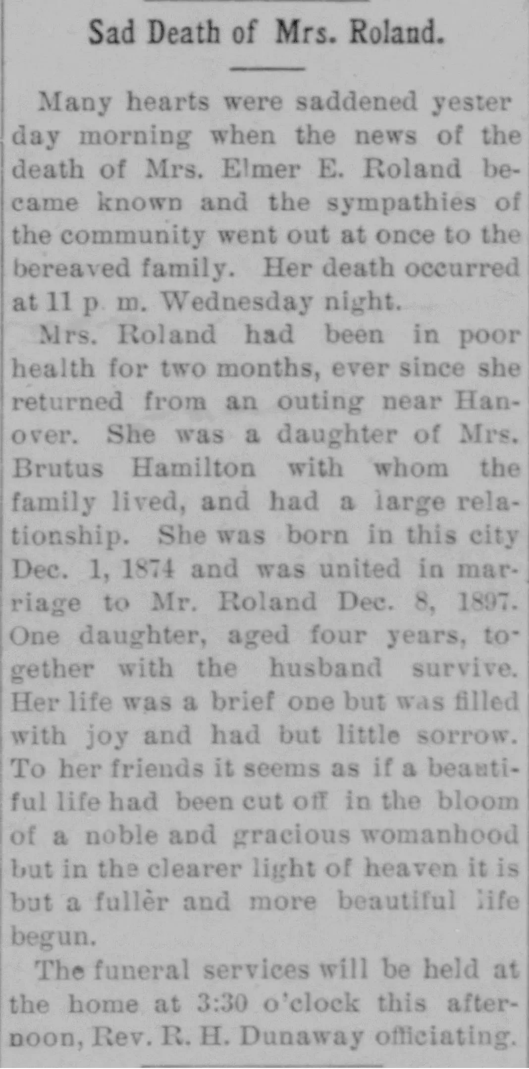 Obituary for Mrs. Elmer E. Roland from the Greensburg Standard, October 1904, identifying her as a daughter of Mrs. Brutus Hamilton, born December 1, 1874 in Greensburg, married December 8, 1897, survived by her husband Elmer Roland and a four-year-old daughter.