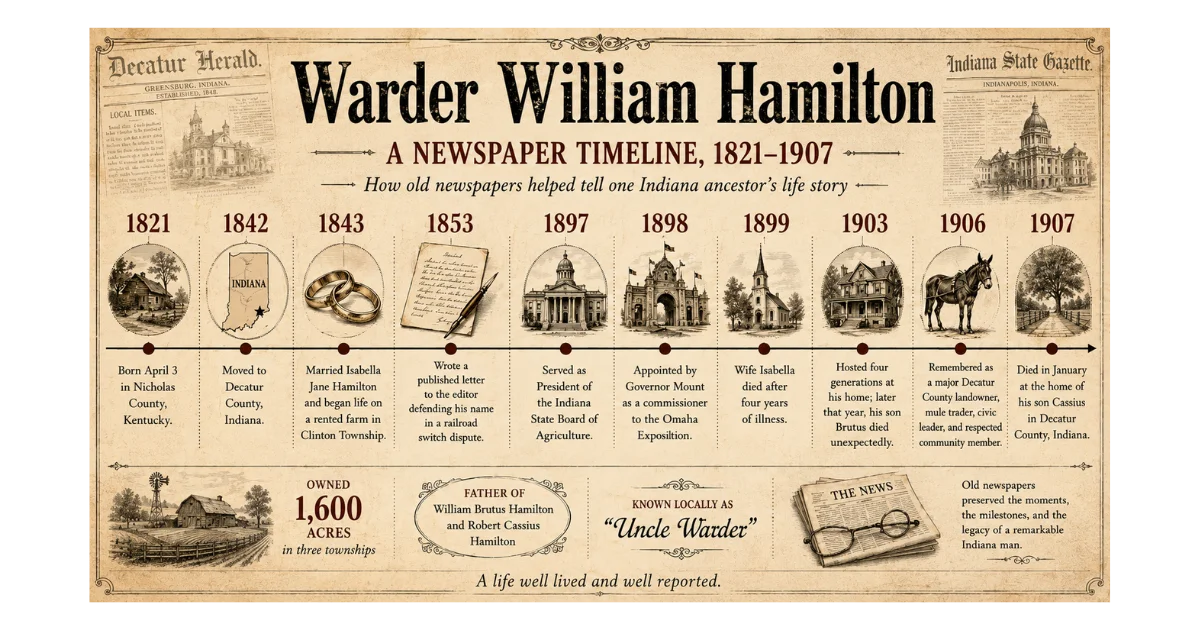 Illustrated newspaper timeline infographic for Warder William Hamilton, 1821 to 1907, showing key life events across ten stops from his birth in Nicholas County, Kentucky through his death in Decatur County, Indiana, with vintage newspaper and sketch-style illustrations representing his marriage, civic leadership, mule trading career, and family life.