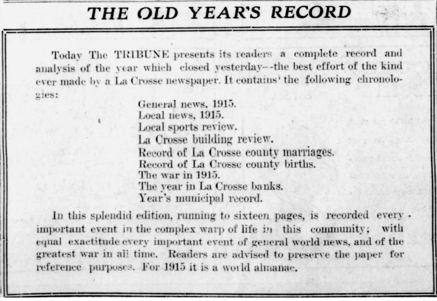 Front page announcement from the La Crosse Tribune, January 1, 1916, introducing "The Old Year's Record," a special sixteen-page year-end edition covering local births, marriages, deaths, business news, and the war in 1915.