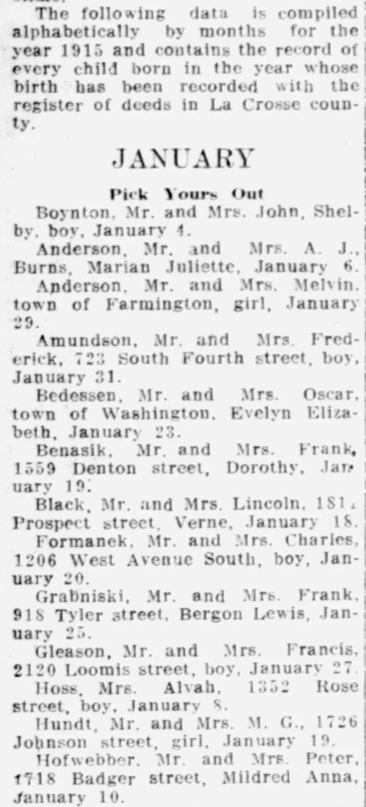 Birth record from the La Crosse Tribune, January 1, 1916, listing children born in La Crosse County in 1915 alphabetically by month, with parent names, addresses, child's name, and birth date. Header reads "Pick Yours Out."