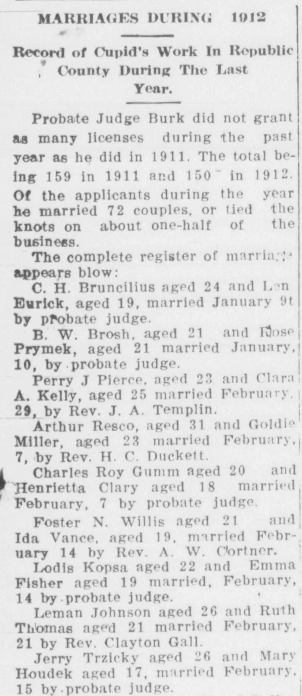Newspaper clipping from the Belleville Telescope, January 1913, showing a complete register of 1912 marriages in Republic County, Kansas, with couple names, ages, marriage dates, and officiants. Headline reads "Marriages During 1912."