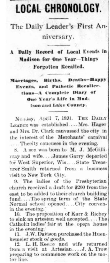 "Local Chronology" column from the Madison Daily Leader, April 7, 1891, showing a day-by-day record of local events in Madison and Lake County, South Dakota, including births, departures, civic news, and community happenings.