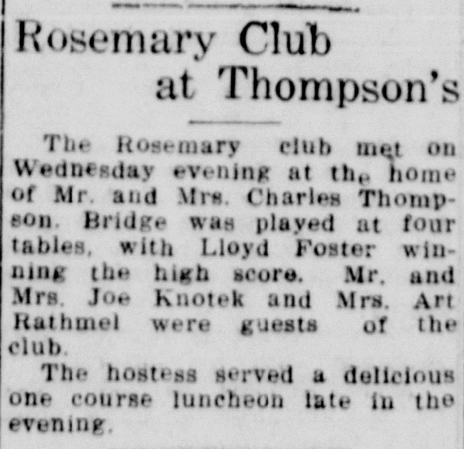 Small-town newspaper clipping showing a Rosemary Club meeting notice naming multiple members and guests, Washington Evening Journal, August 1935