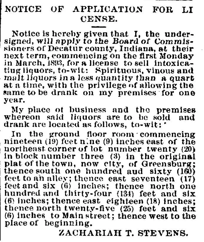 Notice of application for liquor license submitted by Zachariah T. Stevens, with detailed property address description, Greensburg New Era, February 1893