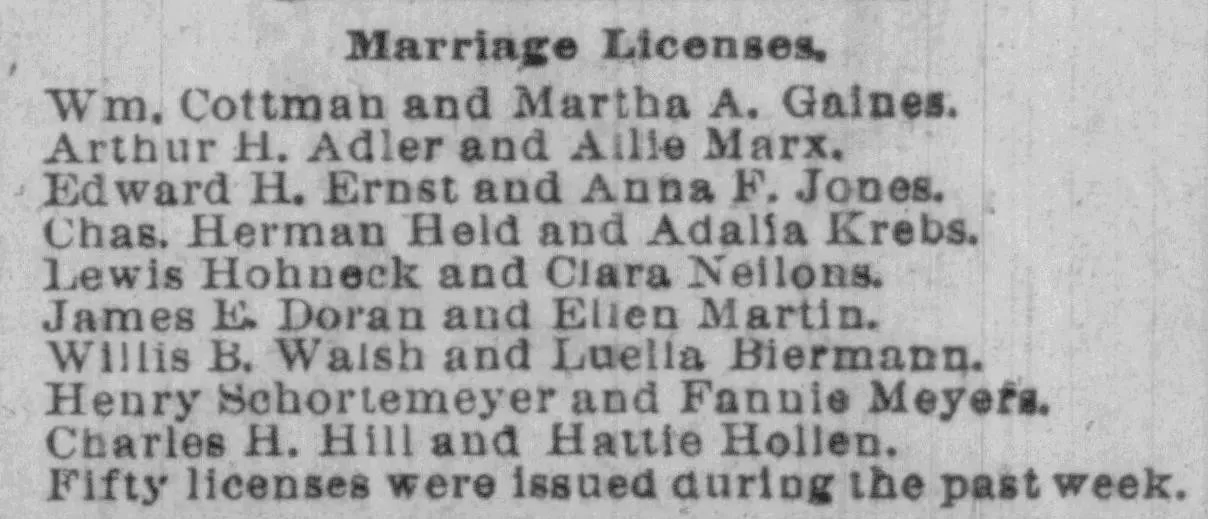 Marriage license list from the Cincinnati Commercial Gazette, March 1891, showing Henry Schortemeyer and Fannie Meyers among fifty licenses issued that week