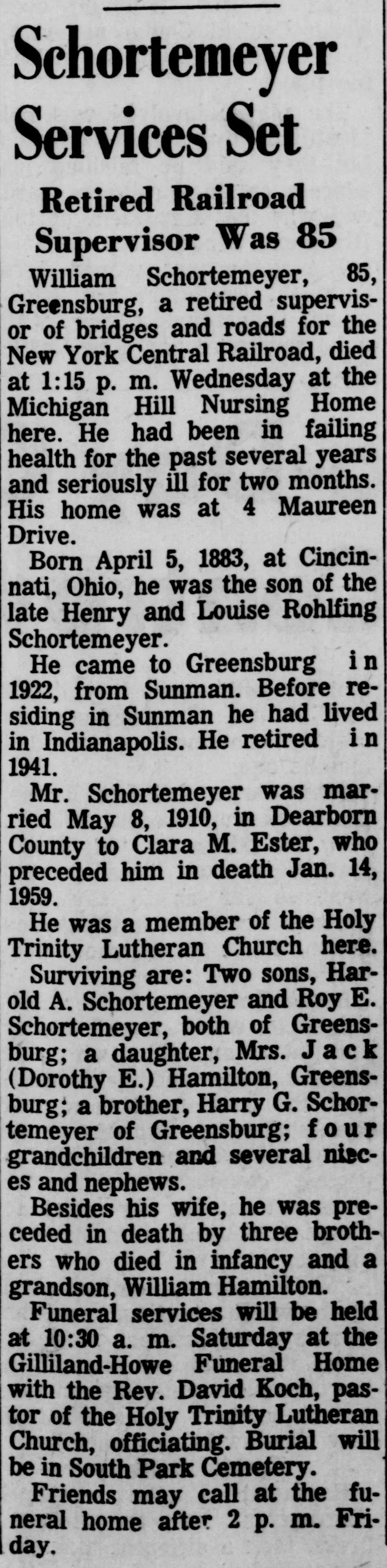 Obituary clipping from the Greensburg Daily News, October 1968, for William Schortemeyer, 85, retired railroad supervisor, naming his parents Henry and Louise Rohlfing Schortemeyer and listing survivors including two sons, a daughter, and a brother