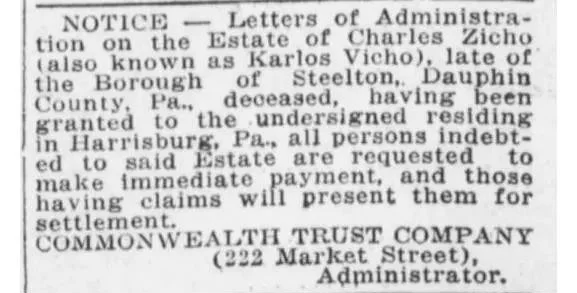 Legal estate notice from the Harrisburg Telegraph, May 1917, identifying the deceased as Charles Zicho, also known as Karlos Vicho, late of Steelton, Dauphin County, Pennsylvania