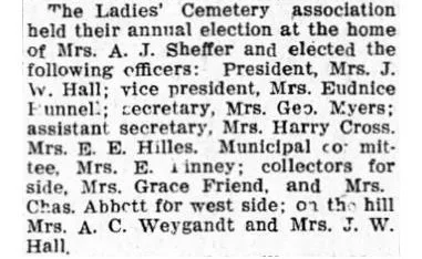 Social column clipping from the Ottumwa Tri-Weekly Courier, May 1910, listing officers elected at a Ladies' Cemetery Association meeting, with every woman identified only by her husband's name or initials