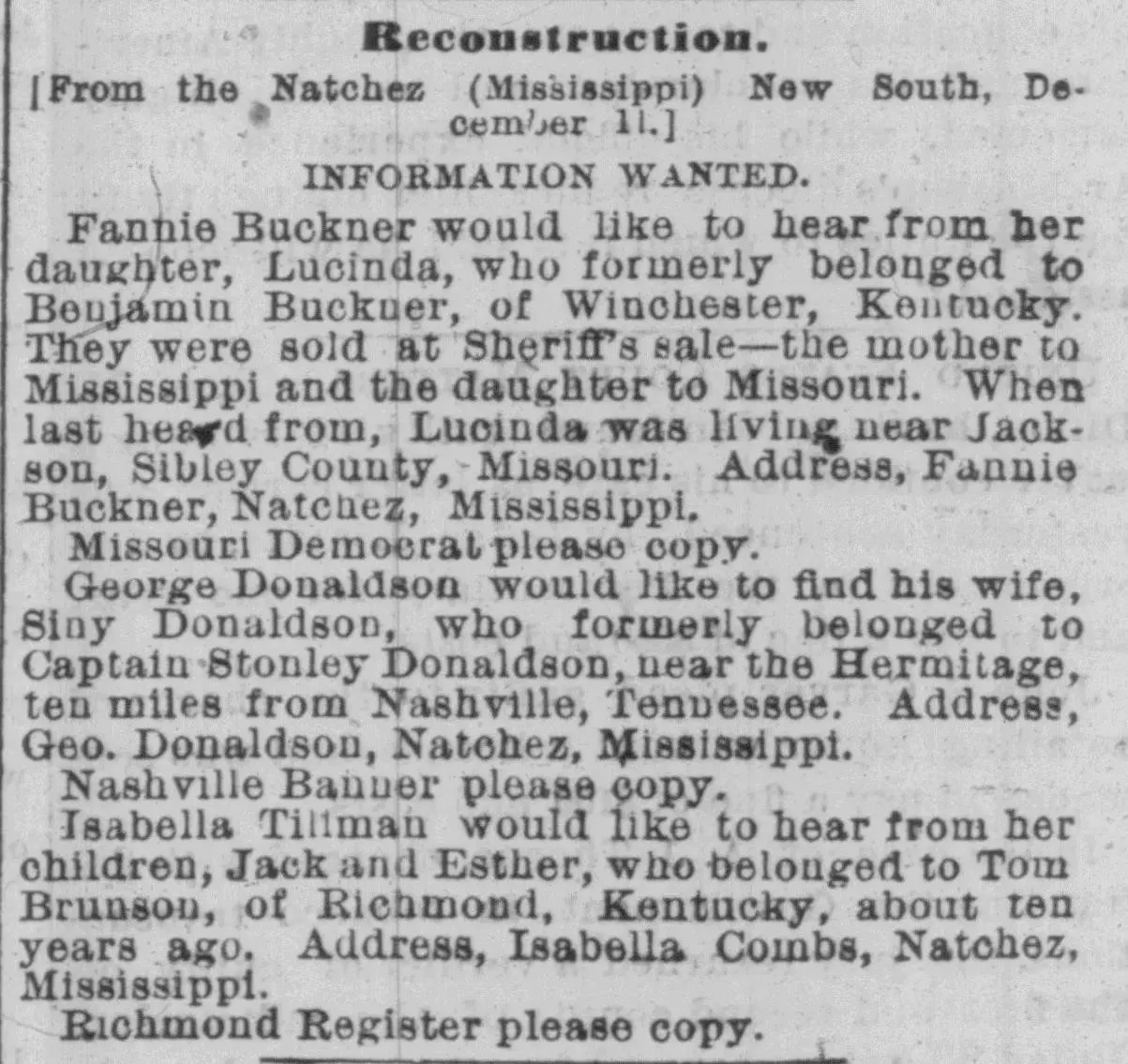 Information Wanted notices reprinted from the Natchez New South in the Cincinnati Commercial, December 1869, with Fannie Buckner searching for her daughter Lucinda, George Donaldson searching for his wife Siny, and Isabella Tillman searching for her children Jack and Esther, separated by sale before emancipation