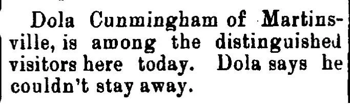 Brief social column clipping from the Greensburg Daily Review, October 1899, noting that Dola Cunningham of Martinsville is among the distinguished visitors in town