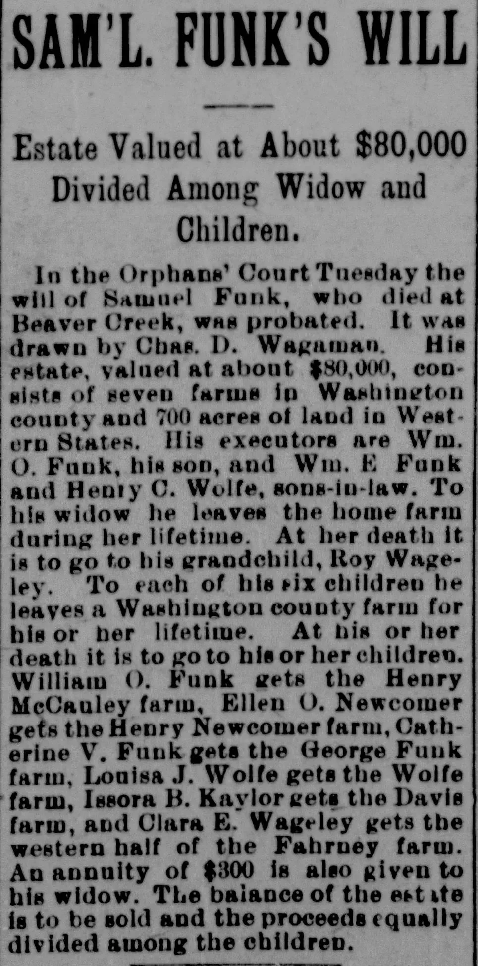 Newspaper clipping from the Hagerstown Herald and Torch Light, June 1900, reporting the probate of Sam'l. Funk's will, with estate valued at about $80,000 and listing executors as Wm. O. Funk and Wm. E. Funk
