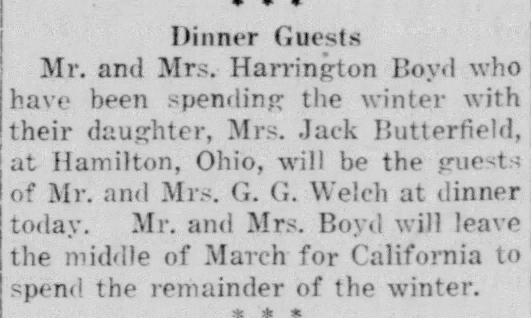 Social column clipping from the Greensburg Daily News, February 1922, noting that Mr. and Mrs. Harrington Boyd visited their daughter Mrs. Jack Butterfield in Hamilton, Ohio before traveling to California