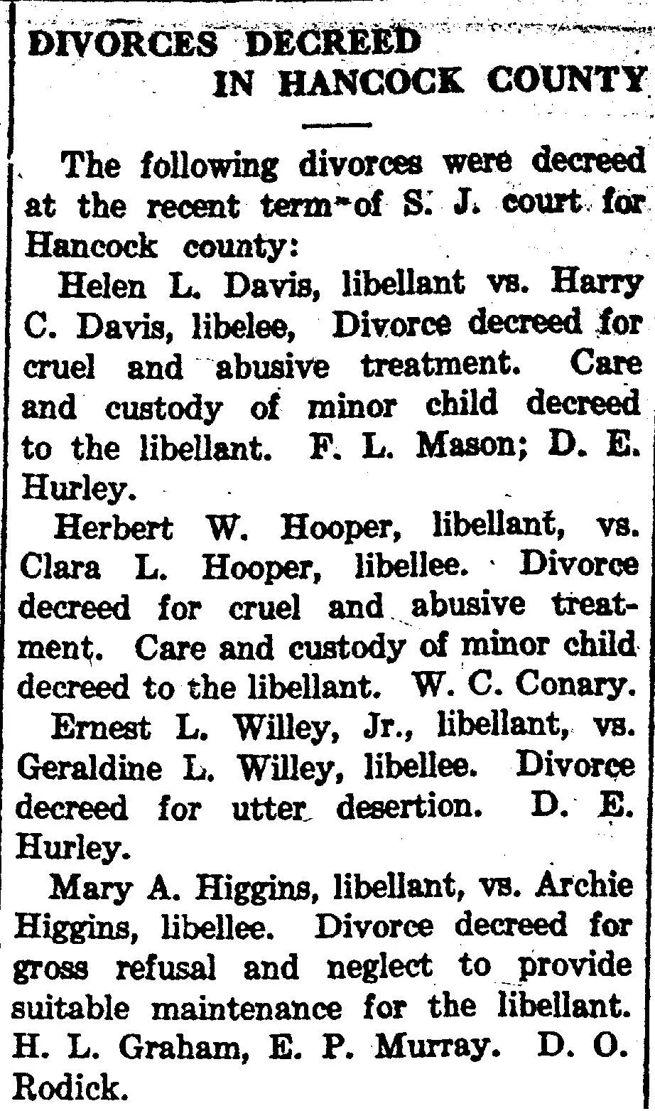 Newspaper clipping from the Bar Harbor Times, May 24, 1922, with the headline "Divorces Decreed in Hancock County," listing multiple divorce cases with grounds including cruel and abusive treatment, utter desertion, and neglect to provide maintenance.