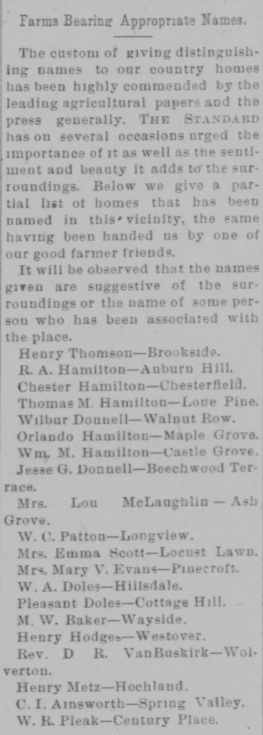 1901 newspaper clipping showing how farm names were connected to local families, including several Hamilton family properties.