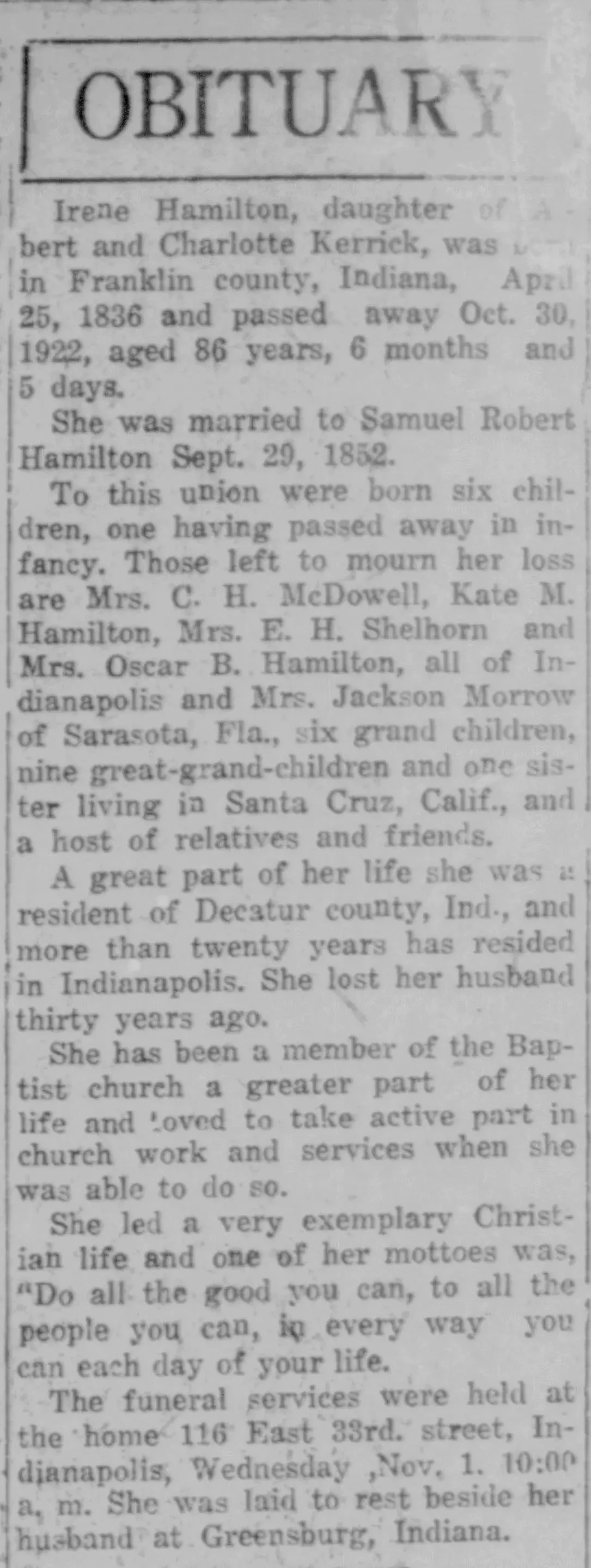 Obituary for Irene Hamilton in the Greensburg Standard from November 10, 1922, listing family details, residences, church membership, and burial information.
