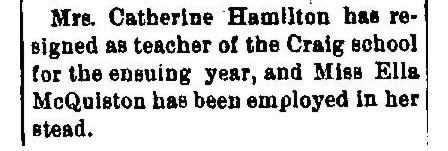 Newspaper clipping from the Greensburg Saturday Review on September 5, 1891, noting that Mrs. Catherine Hamilton resigned as teacher of the Craig school.