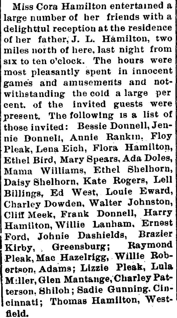 Newspaper clipping from the Greensburg New Era on March 28, 1894, listing guests invited to a reception hosted by Miss Cora Hamilton.