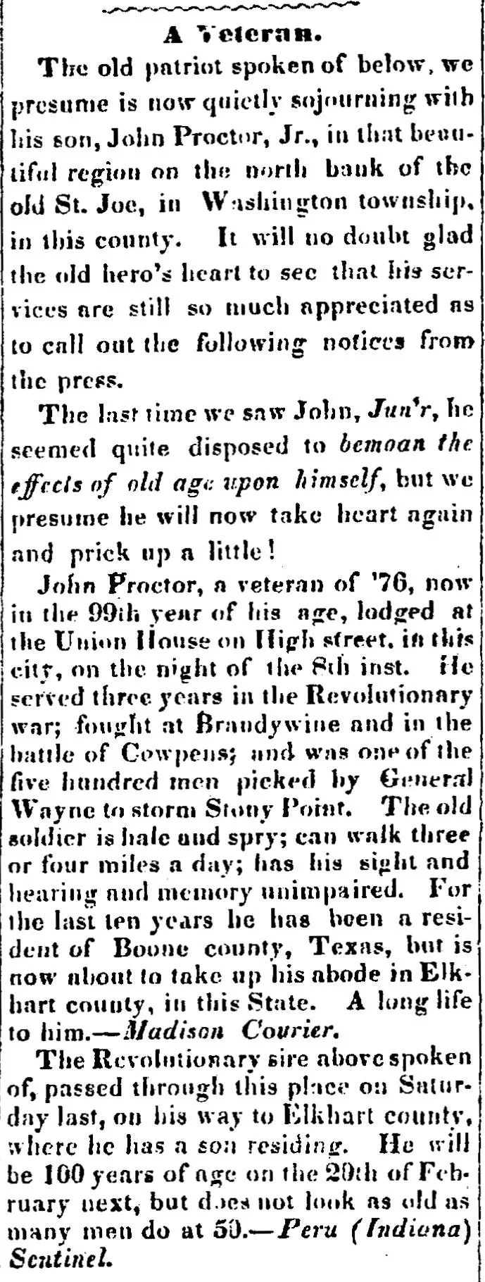 Newspaper clipping titled 'A Veteran' from the Goshen Democrat, October 15, 1851, describing John Proctor, a 99-year-old Revolutionary War veteran who fought at Brandywine, Cowpens, and Stony Point, reprinted from the Madison Courier and Peru Indiana Sentinel.