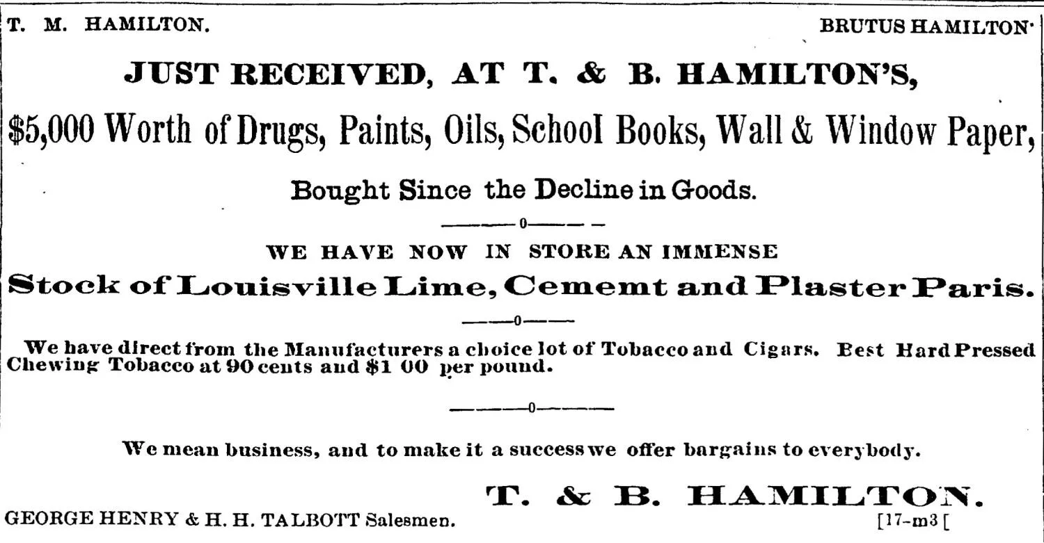 Advertisement for T. and B. Hamilton in the Greensburg Standard from June 8, 1871, promoting drugs, paints, oils, school books, wallpaper, lime, cement, and other goods.