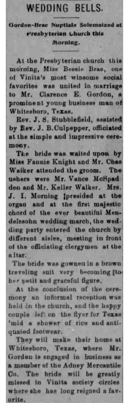 Wedding announcement from The Daily Chieftain, Vinita, Indian Territory, March 1902, naming the bride Bessie Brae, groom Clarence E. Gordon, wedding party members, and their destination in Whitesboro, Texas