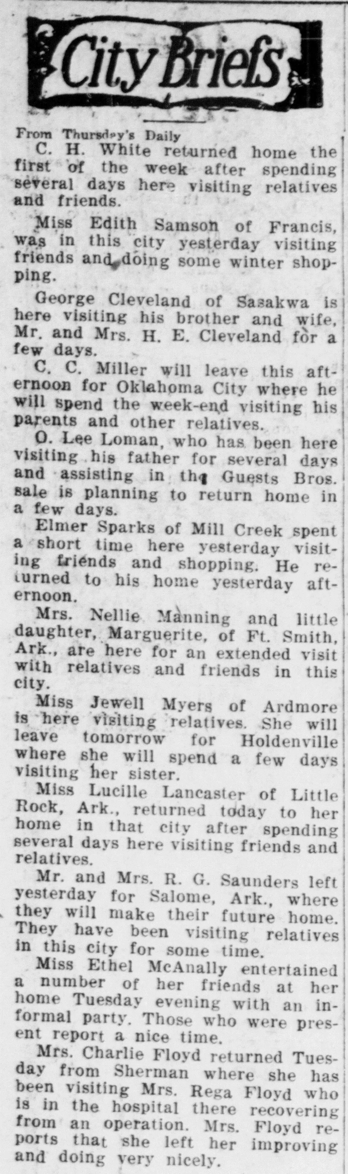 City Briefs social column from the Ada Weekly News, December 1920, naming multiple residents, visitors, and family connections in Ada, Oklahoma