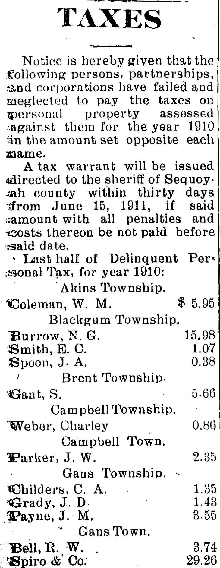 Delinquent personal property tax notice from the Star-Gazette, Sequoyah County, Oklahoma, June 1911, listing residents by township including Akins, Blackgum, Brent, Campbell, and Gans