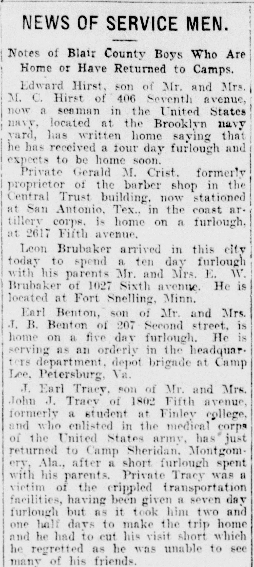 "News of Service Men" column from the Altoona Mirror, January 1918, listing Blair County soldiers by name with their home addresses, military stations, units, and furlough details