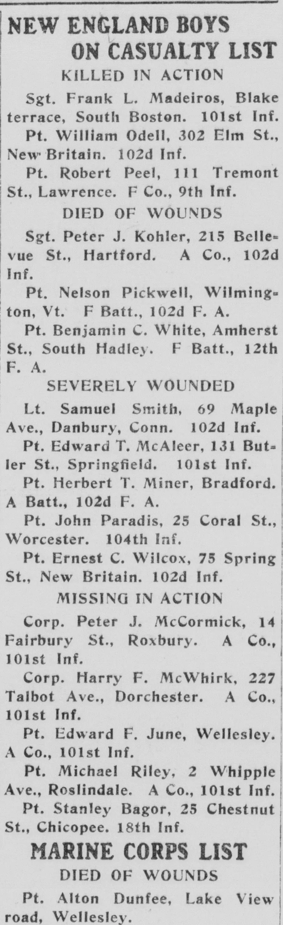 "New England Boys on Casualty List" from the Boston Sunday Post, June 1918, organized by Killed in Action, Died of Wounds, Severely Wounded, and Missing in Action, with names, home addresses, and unit numbers