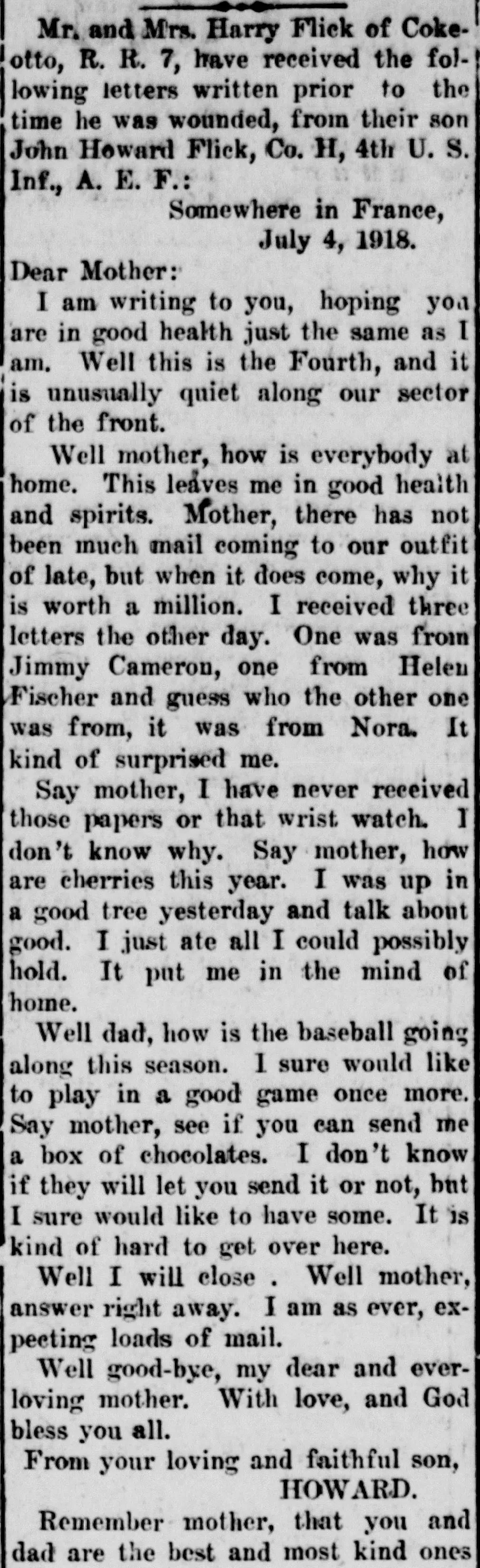 Letter from soldier John Howard Flick, Co. H, 4th U.S. Infantry, written from France on July 4, 1918, published in the Butler County Democrat after he was wounded, addressed to his mother and signed "Your loving and faithful son, Howard"