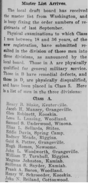 Draft board classification list from the Grangeville Idaho County Free Press, October 1918, showing local men divided into Class A, Class B, and Class D categories with names and hometowns