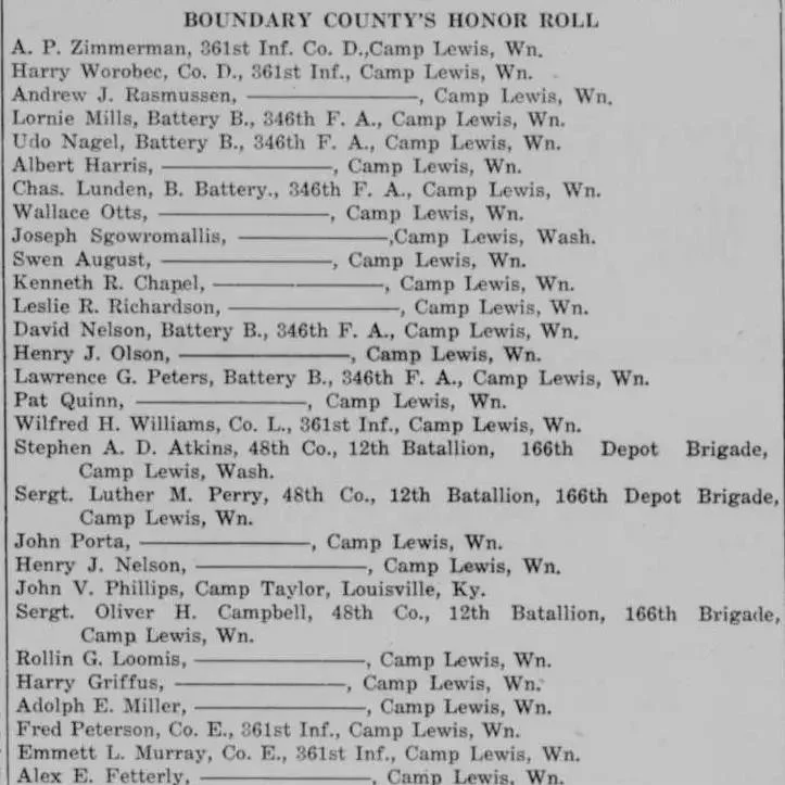 "Boundary County's Honor Roll" from the Bonners Ferry Herald, November 1917, listing local soldiers by name, unit, and camp assignment including multiple entries for Camp Lewis, Washington