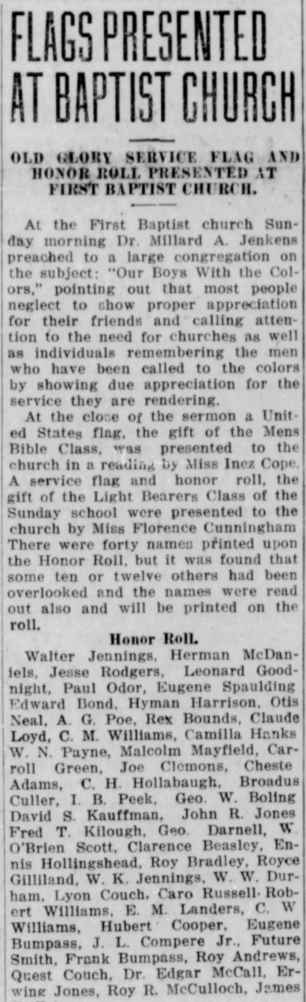 "Flags Presented at Baptist Church" clipping from the Abilene Daily Reporter, April 1918, reporting a church honor roll presentation with more than forty local soldiers named, including men accidentally omitted and read aloud from the pulpit