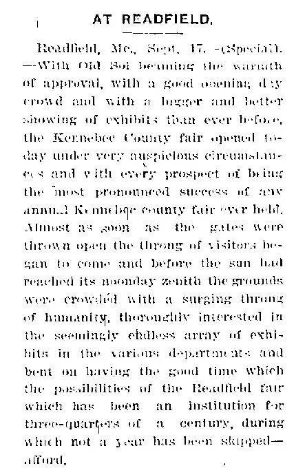 Newspaper clipping headlined "At Readfield" from the Daily Kennebec Journal, September 17, 1907, describing the opening day of the Kennebec County Fair with strong attendance, crowded grounds, and a large display of exhibits — noting the fair has run continuously for three-quarters of a century.