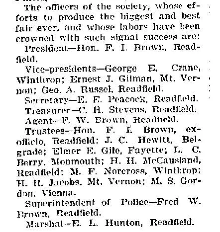 Newspaper clipping from the Daily Kennebec Journal listing the officers of the Kennebec County Fair society, including President Hon. F. I. Brown, vice-presidents, secretary, treasurer, agent, trustees from multiple towns, superintendent of police, and marshal — all identified by name and town.