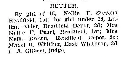 Newspaper clipping headlined "Butter" from the Daily Kennebec Journal, listing prize winners in butter-making categories by age, including a girl of 16 and a girl under 18, with adult women's entries and the name of the judge, J. A. Gilbert.