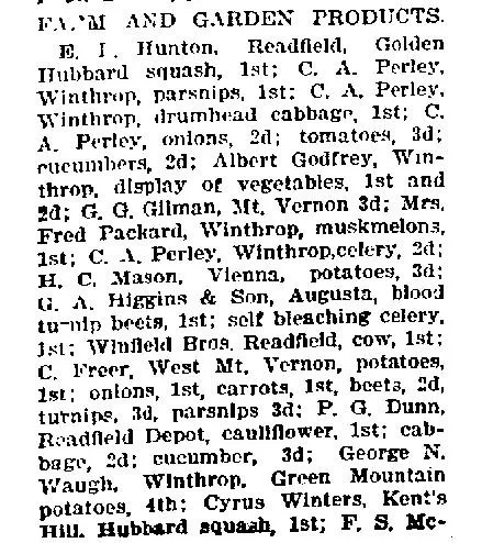 Newspaper clipping headlined "Farm and Garden Products" from the Daily Kennebec Journal, listing prize winners for squash, parsnips, cabbage, onions, tomatoes, cucumbers, celery, potatoes, beets, cauliflower, and other produce — with entrants from Readfield, Winthrop, Mt. Vernon, Vienna, Augusta, and surrounding towns.