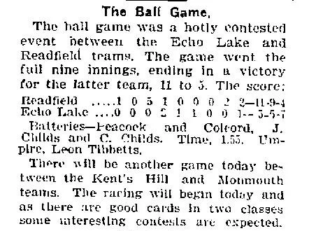Newspaper clipping headlined "The Ball Game" from the Daily Kennebec Journal, reporting a nine-inning game between Echo Lake and Readfield teams won by Readfield 11 to 5, with the full inning-by-inning score, battery names, umpire, and a note that another game between Kent's Hill and Monmouth teams was scheduled for the following day.