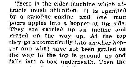 Newspaper clipping from the Daily Kennebec Journal describing a gasoline-powered cider machine on display at the fair — noting it was operated by one man, carried apples up an incline to be grated, and attracted significant attention from visitors.