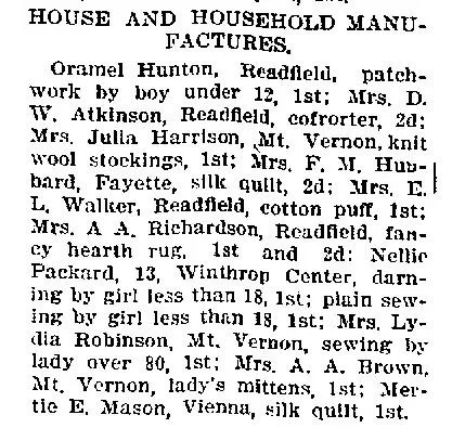 Newspaper clipping headlined "House and Household Manufactures" from the Daily Kennebec Journal, listing prize winners in domestic categories including patchwork by a boy under 12, knit wool stockings, silk quilts, cotton puff, fancy hearth rug, darning and plain sewing by girls, and sewing by a lady over 80 — with entrants identified by name and town.