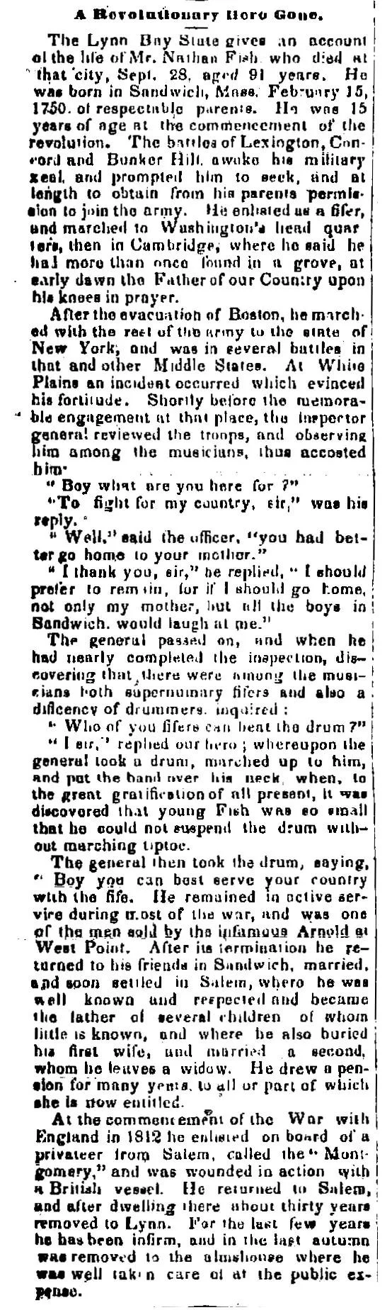 Newspaper clipping titled "A Revolutionary Hero Gone" from the Democratic Expounder, November 28, 1851, describing the life of Nathan Fish of Sandwich, Massachusetts, who enlisted as a fifer at age 15, fought at Lexington, Concord, Bunker Hill, and White Plains, was among the men sold by Benedict Arnold at West Point, served again in the War of 1812, and died at age 91 in Lynn, Massachusetts.