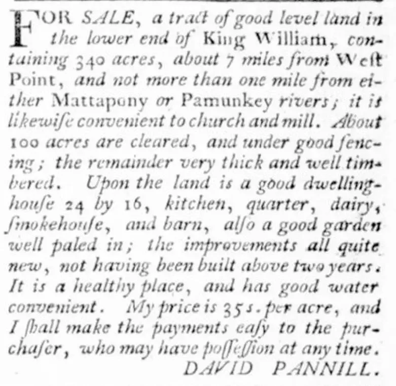 Newspaper clipping from the Virginia Gazette, May 24, 1776, in which David Pannill advertises a 340-acre tract of land for sale in King William County, Virginia, located about seven miles from West Point and near the Mattapony and Pamunkey rivers, with a dwelling house, kitchen, quarter, dairy, smokehouse, barn, and garden, priced at 35 shillings per acre.
