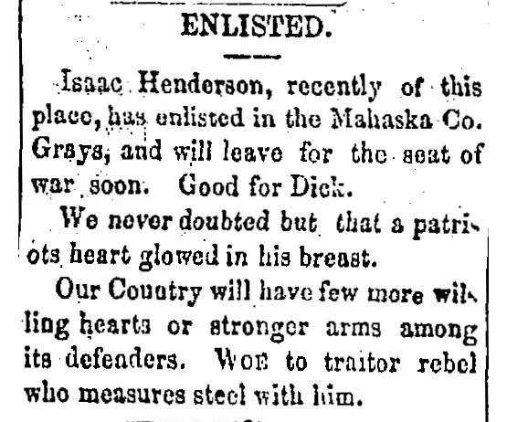Enlistment notice from the Algona Pioneer Press, May 1861, announcing that Isaac Henderson has joined the Mahaska Co. Grays and will leave for the seat of war, with a community farewell from the paper