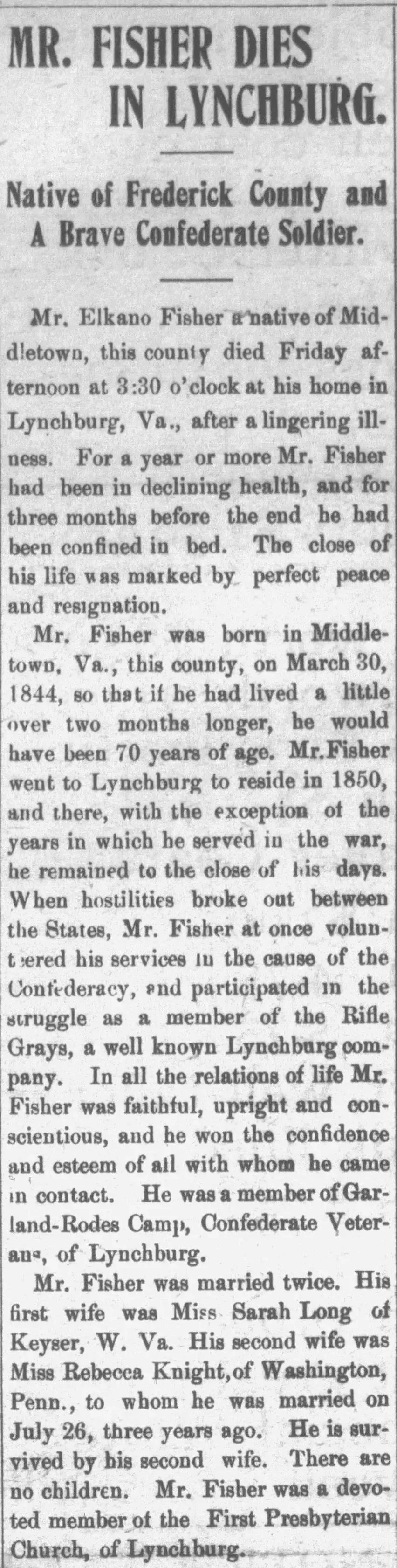 Obituary from the Winchester Evening Star, January 1903, reporting the death of Elkano Fisher of Lynchburg, Virginia, a Confederate soldier who served with the Rifle Grays and was a member of the Garland-Rodes Camp of Confederate Veterans
