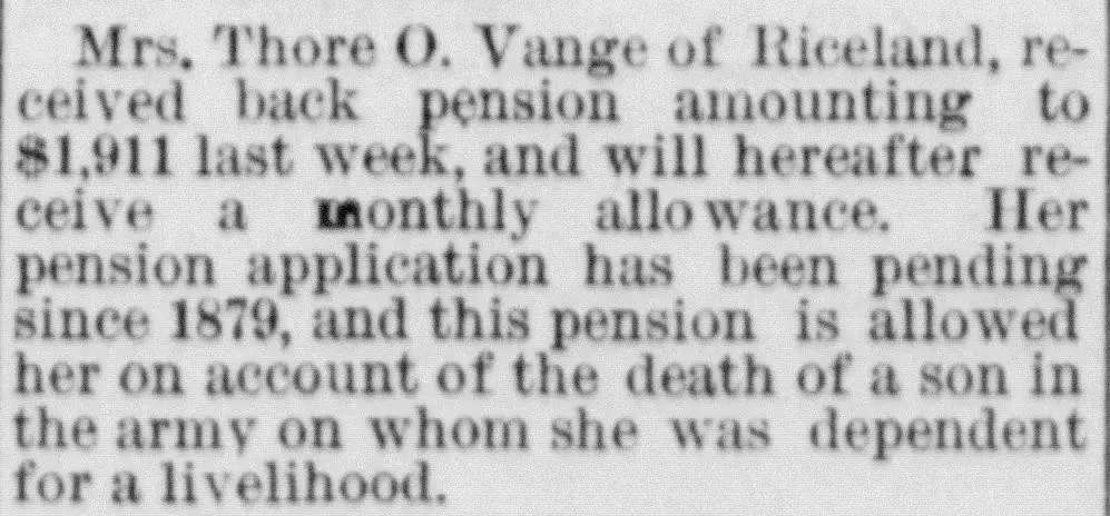Newspaper notice from the Albert Lea Enterprise, March 1884, reporting that Mrs. Thore O. Vange of Riceland received a back pension of $1,911 after her application pending since 1879 was approved, granted on account of her son's death in the army