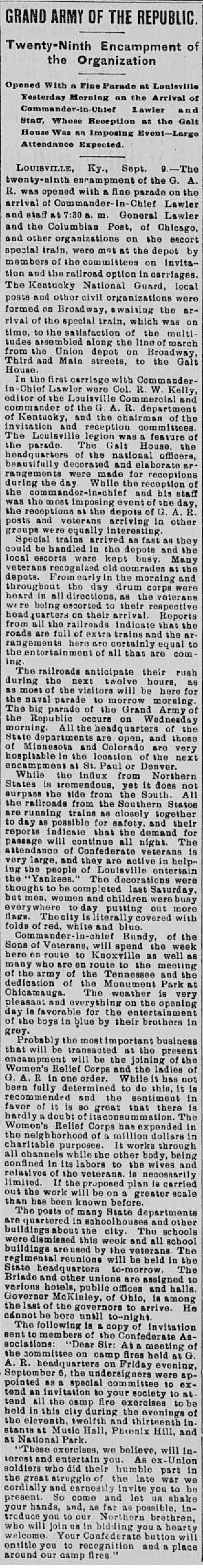 News coverage from the Roanoke Times, September 1895, reporting on the 29th encampment of the Grand Army of the Republic in Louisville with details about attending veterans, Confederate invitees, and planned events